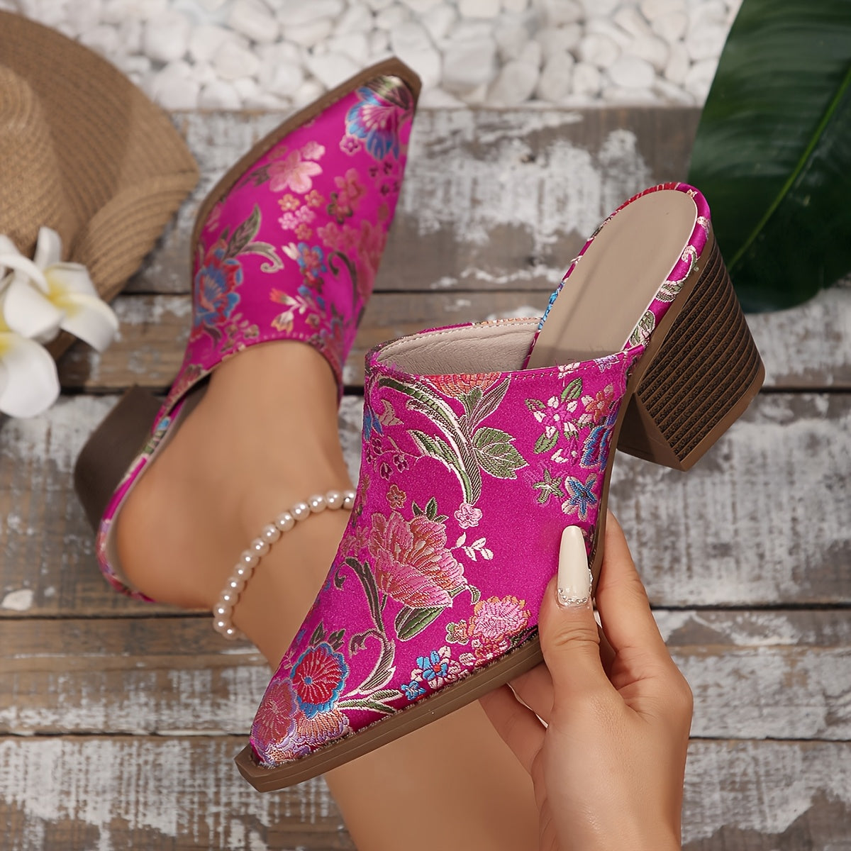 Women's Embroidered Pointed Toe Mules Green Blue Floral Slip-On Shoes