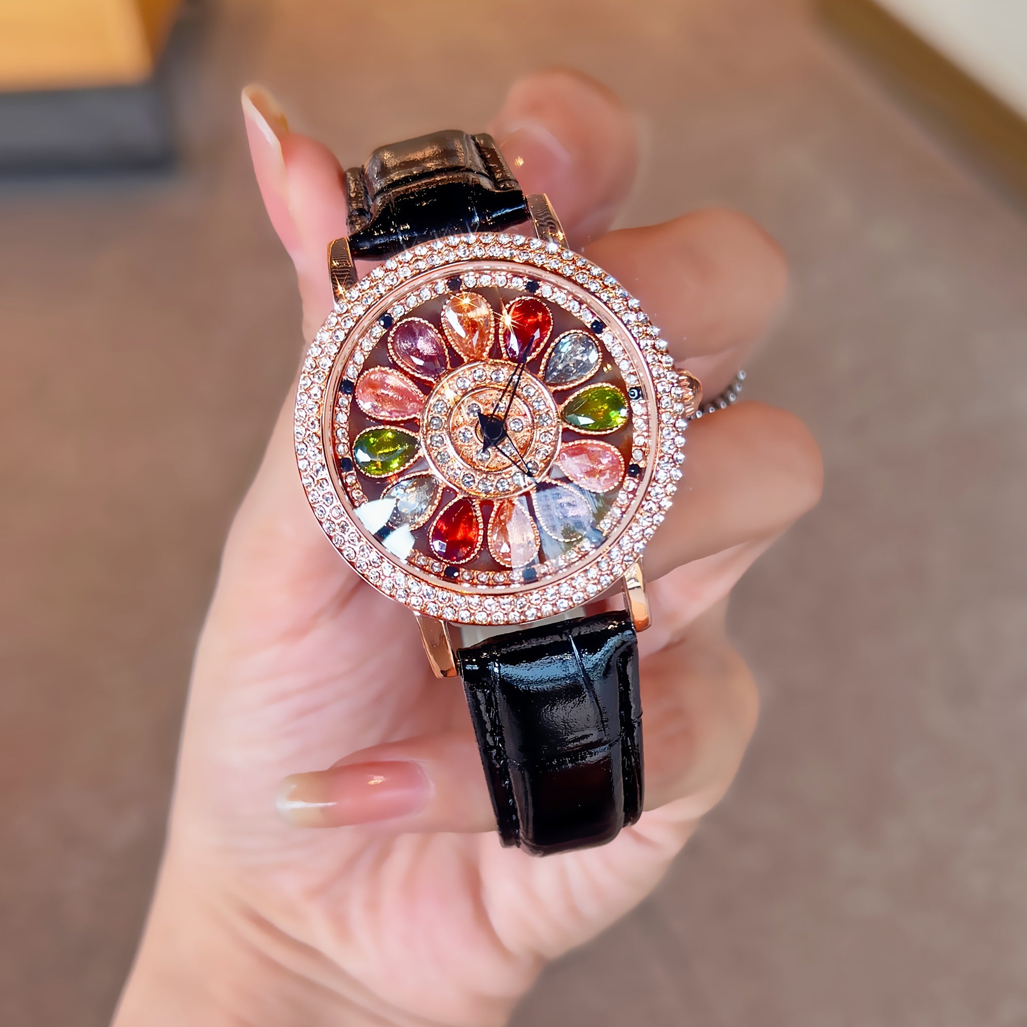 Women's Quartz Watch with Colorful Rhinestones, Alloy Case, PU Leather Strap