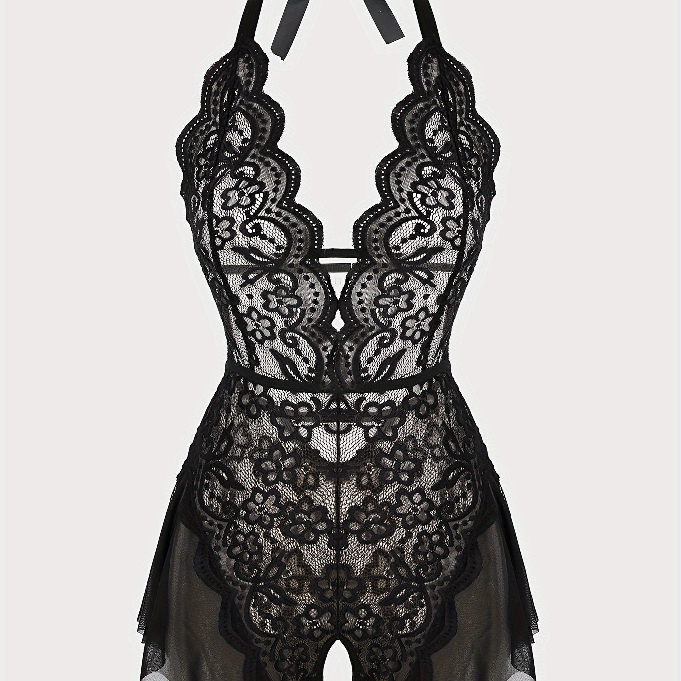 Zarif dantel halter teddy, qirrali bodysuit va murakkab dantel tafsilotlari bilan, yarim shaffof, cho'ziluvchan polyester va spandeks aralashmasidan tayyorlangan. Romantik kechalar uchun mukammal va mashinada yuvish oson.