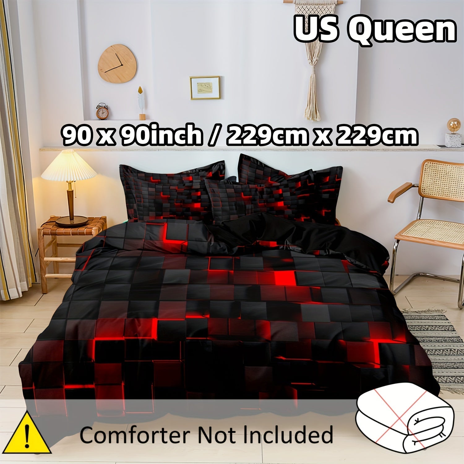 Conjunto de funda nórdica con patchwork en rojo y negro con fundas de almohada, hipoalergénico, poliéster, lavable a máquina, individual, doble, reina, tamaño king