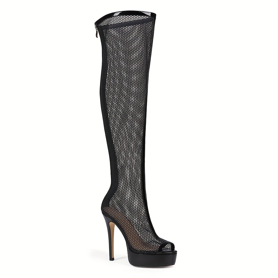 Women's Black Over-the-Knee High Heels Open Toe Zipper Cut-Out Boot