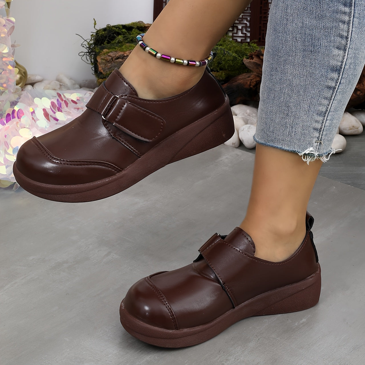 Women's Penny Loafer Shoes Leather Comfort Wedge Brown Casual All-Season