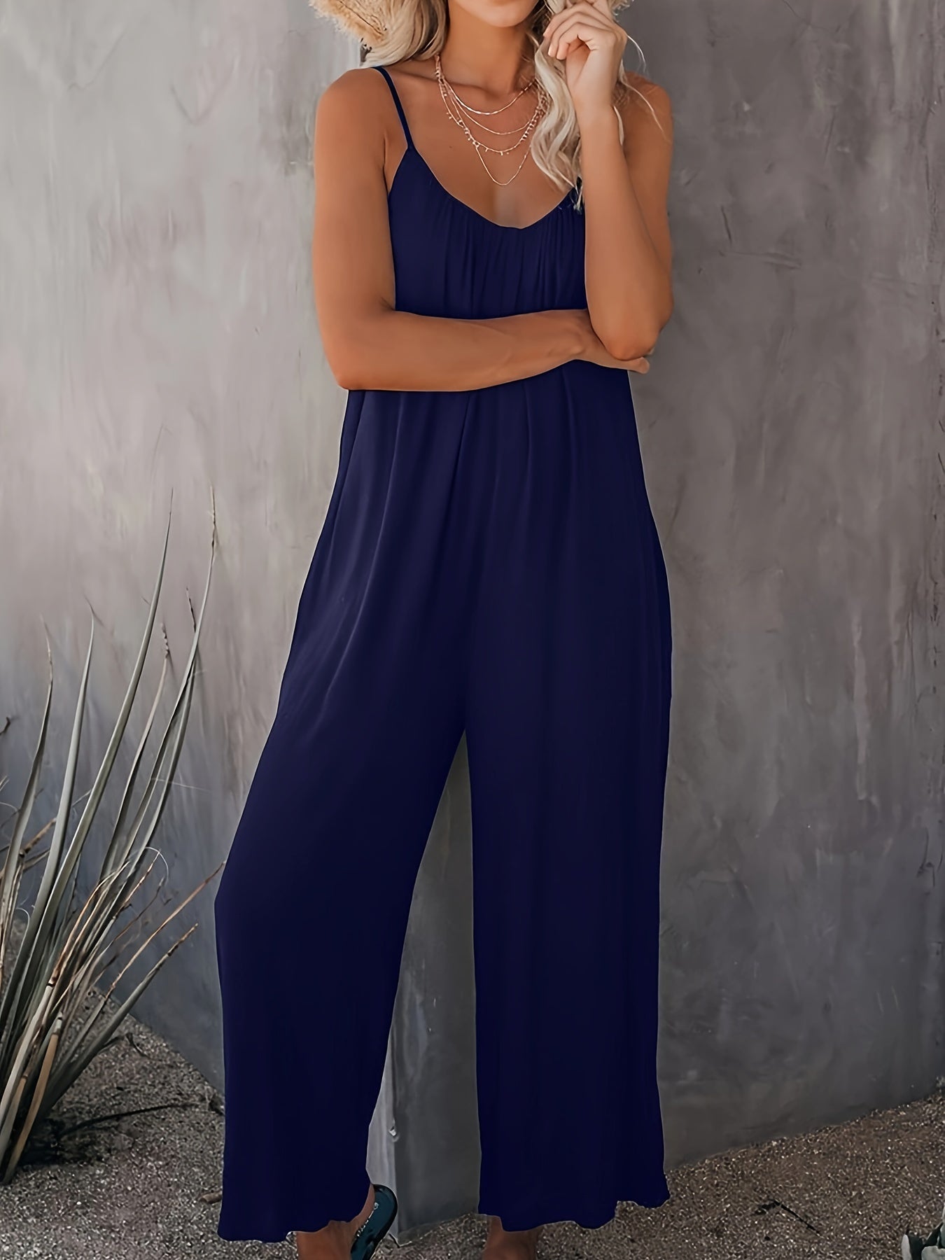 Women's Navy Blue Sleeveless Jumpsuit with Pockets, Wide-Leg Pants, Lightweight