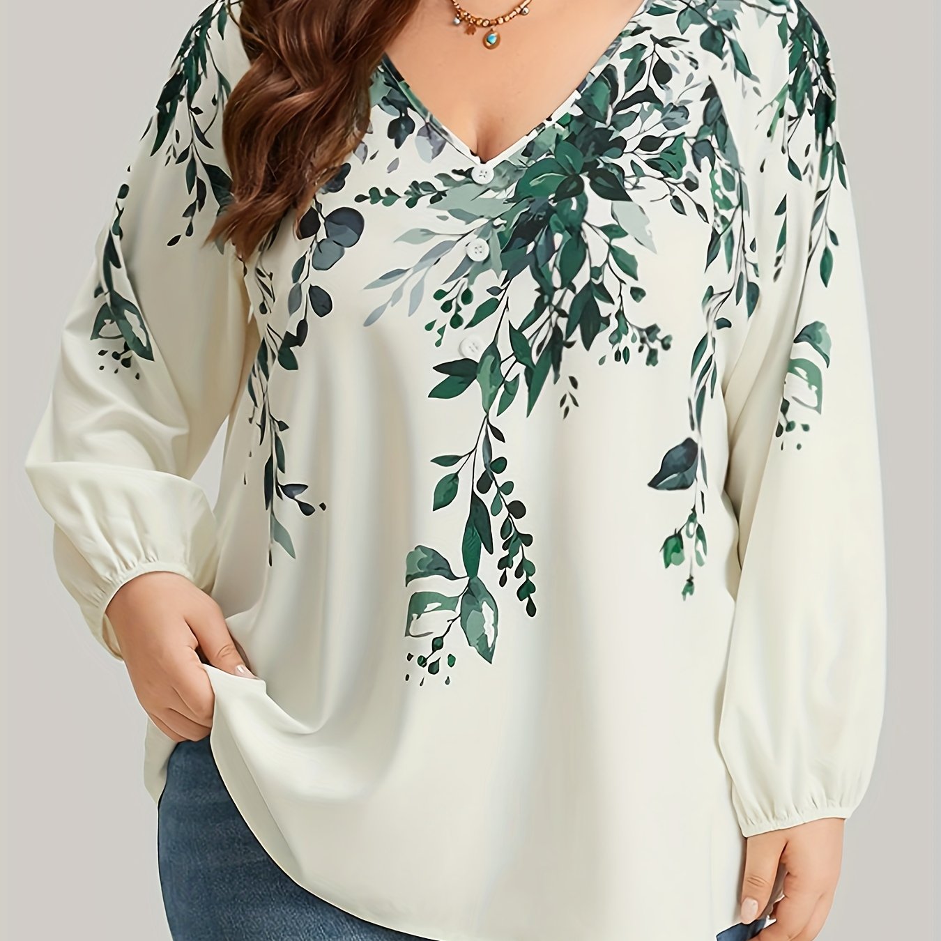 Plus Size Floral Print Blouse V-Neck Long Sleeve Spring Women's Clothing