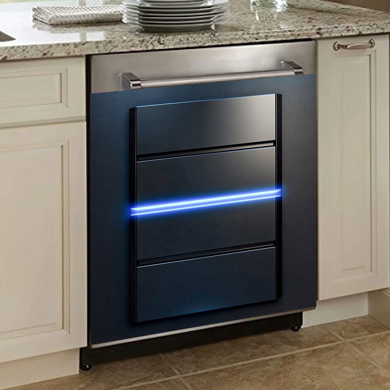 Cubierta magnética para lavavajillas con luz azul, a prueba de agua, resistente al calor, fácil de limpiar, etiqueta de metal 58.5x65 cm