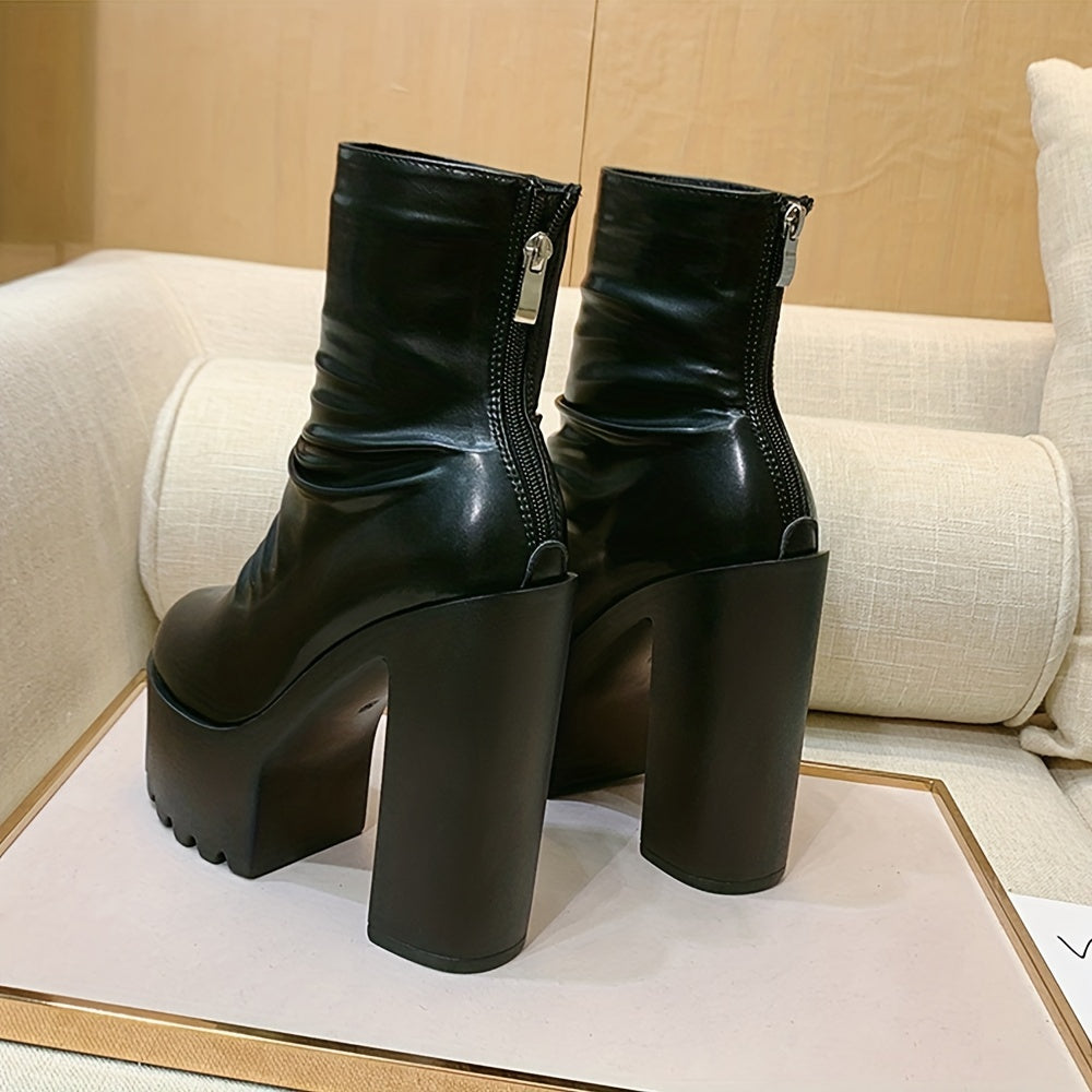 Women's Black Block Heeled Boots Round Toe Zipper Platform Shoes