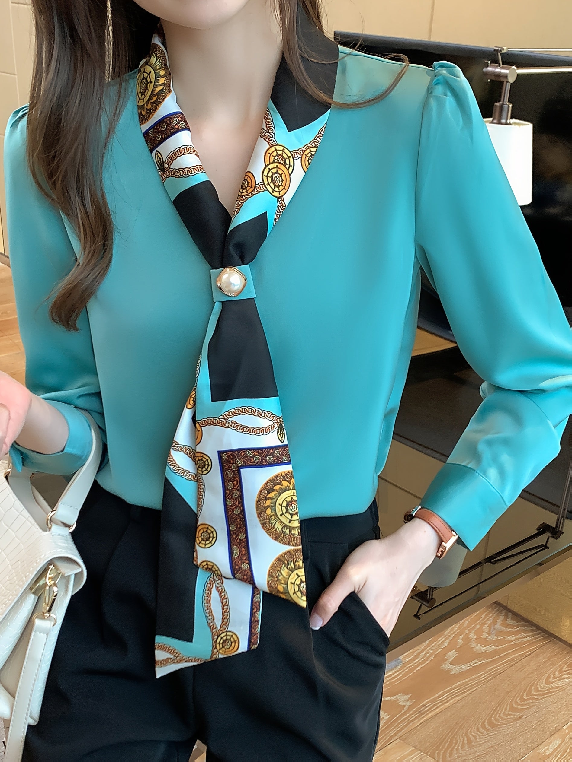 Women's Polyester Tie Neck Blouse Long Sleeve Button Print Woven Top