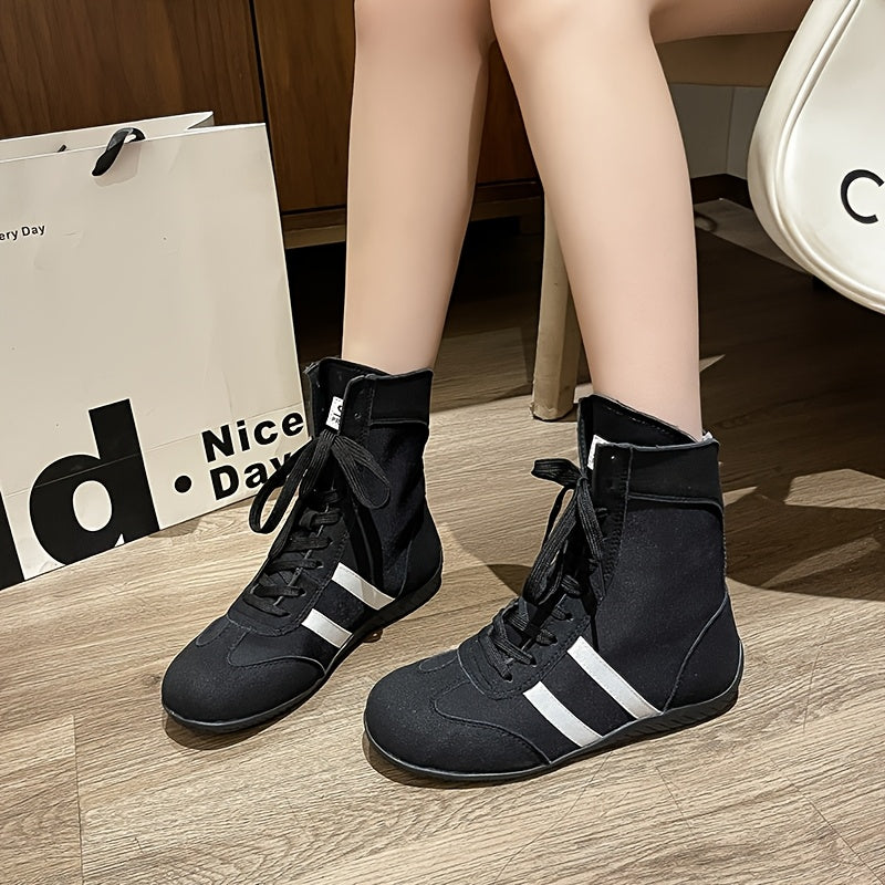 Women's Mid-Calf Lace-Up Boots with Flat Sole Non-Slip Rubber Black