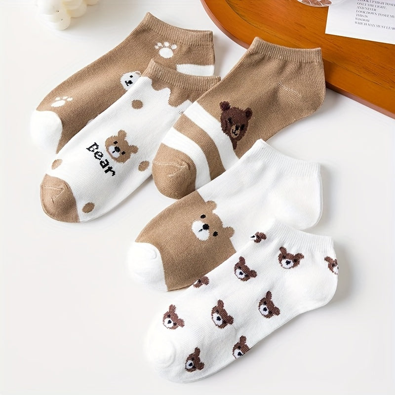 Women 5 Pairs Low Cut Ankle Socks Cartoon Bear Print Lightweight Cotton Socks