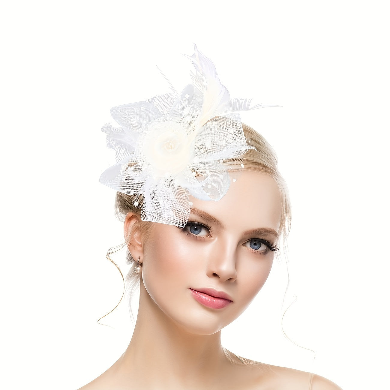Fake Feather Fascinator Hat with Netted Tulle Hair Clip for Formal Events