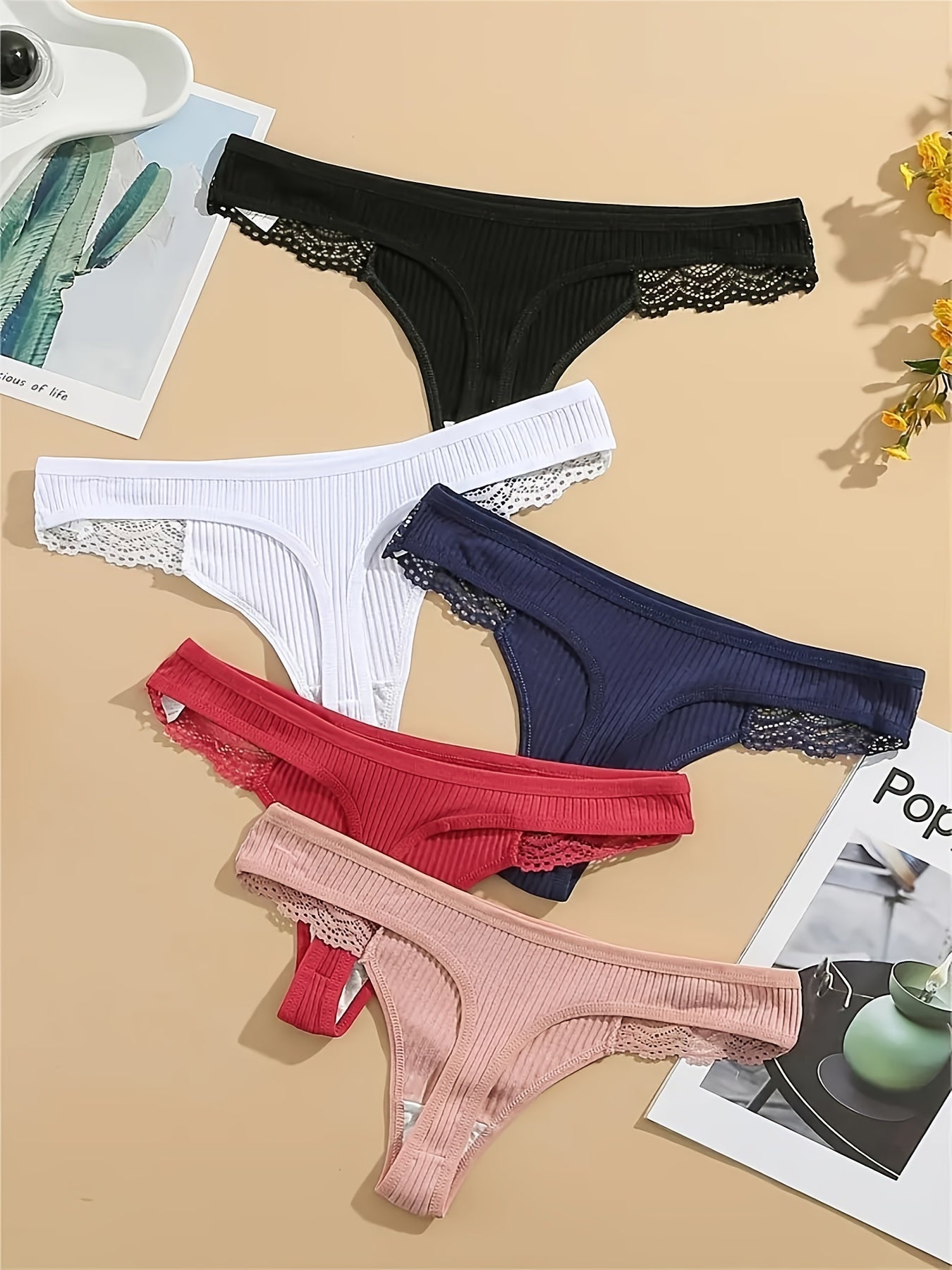 Women's Lace Thongs 5-Pack Low Waist Ribbed Cotton Underwear Solid Color