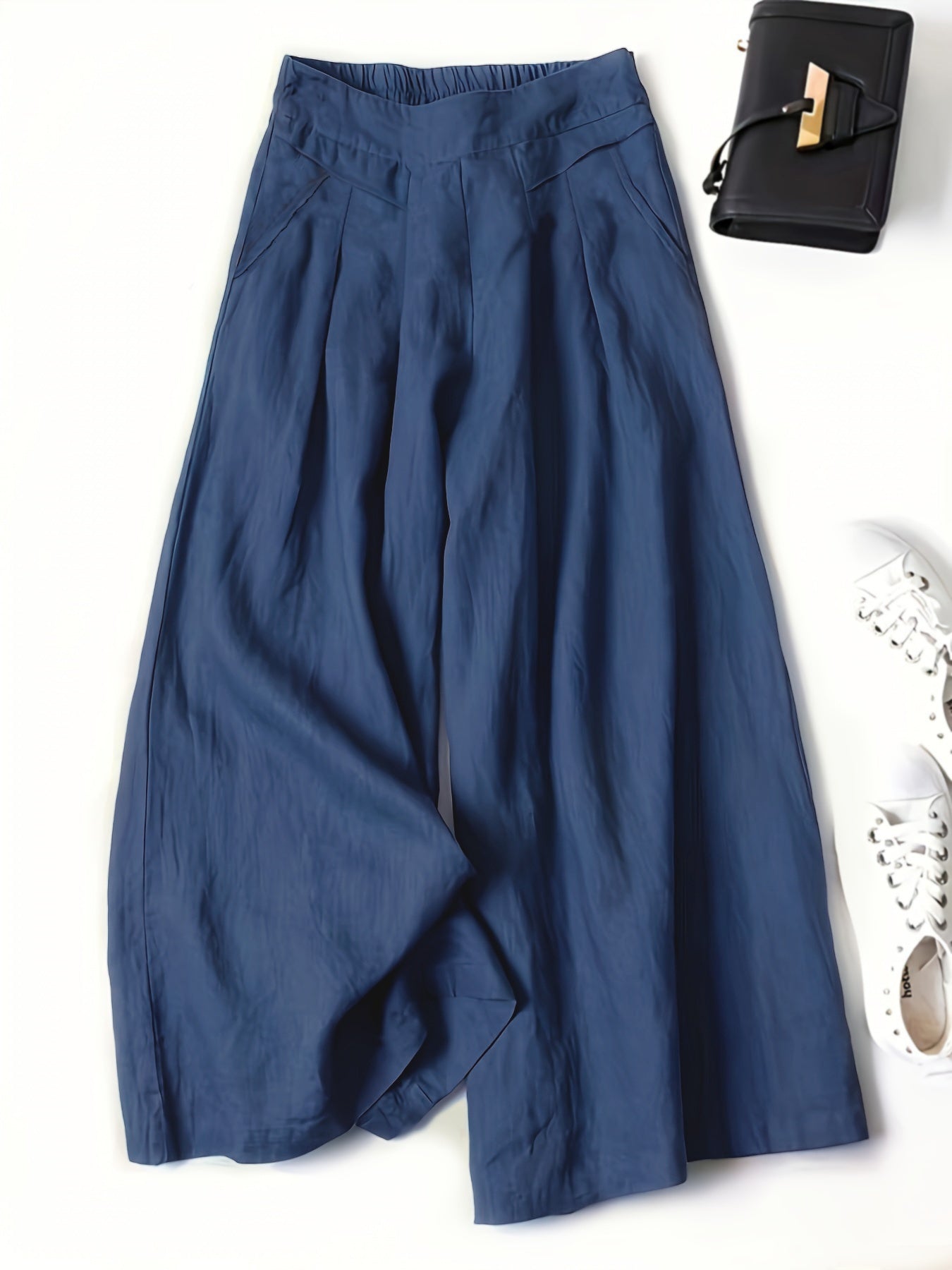 Plus Size Women's High Waist Wide Leg Pants Summer Casual Solid Blue Non-Stretch