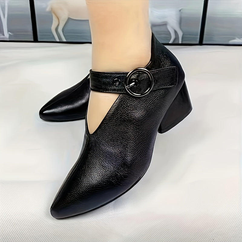 Women's Summer Solid Color Low Block Heel D'Orsay Shoes with Buckle and Pointed Toe