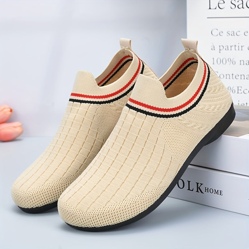 Women's Lightweight Knit Slip-On Sneakers Breathable Black Shoes with Red Gray Accents