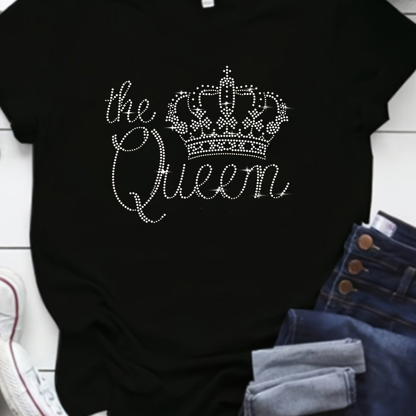 Plus Size Women's Rhinestone Crown T-Shirt Crew Neck Short Sleeve Polyester Knit Spring Summer