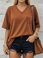 Women's V-Neck T-Shirt with Pocket Short Sleeve Casual Summer Top