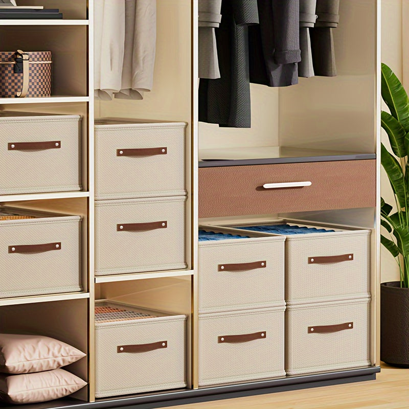 Cajas de almacenamiento rectangulares de tela con asas para organización en armario y dormitorio gris beige