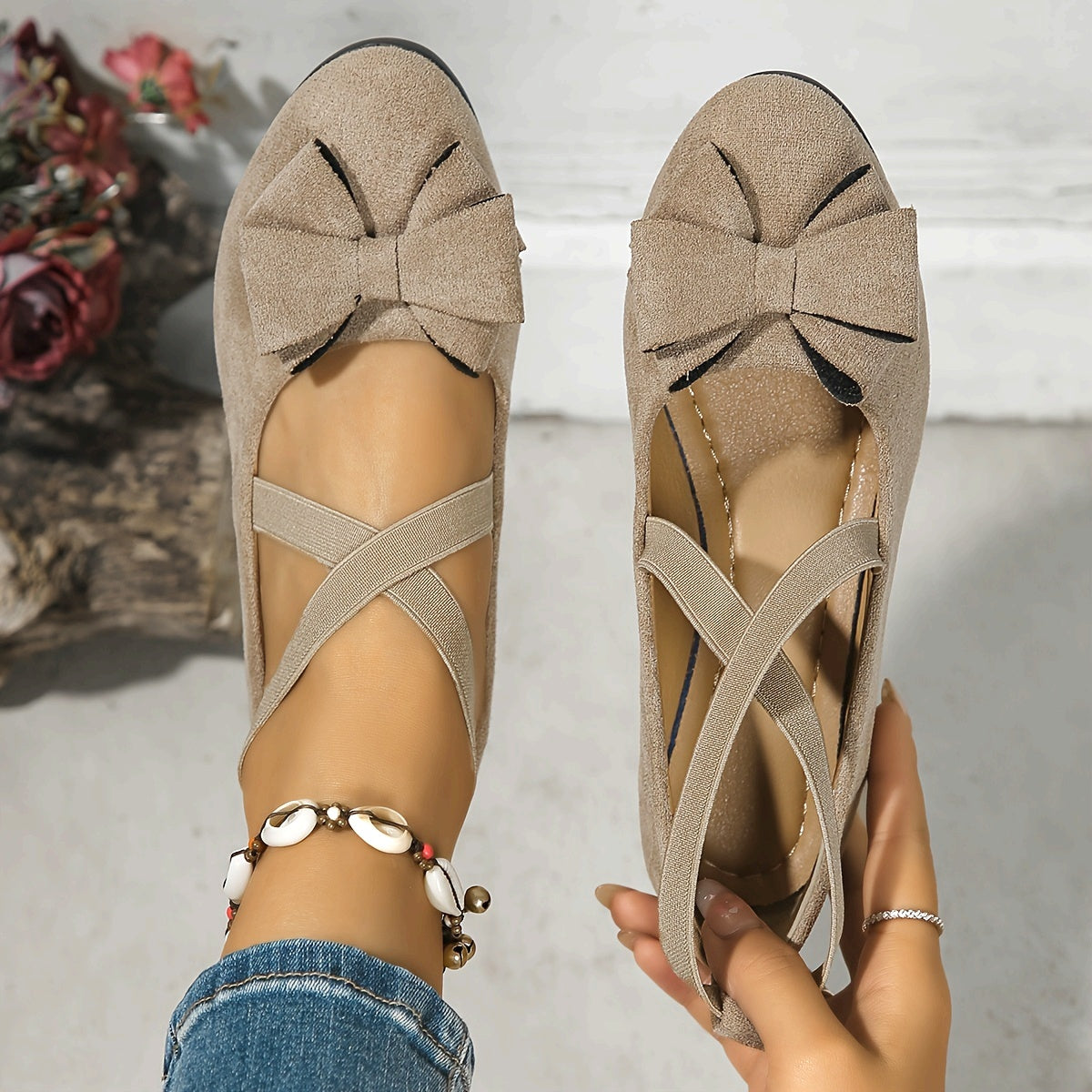 Zapatos planos de temporada para mujer, con lazo y correa cruzada, de color sólido, sin cordones, de franela