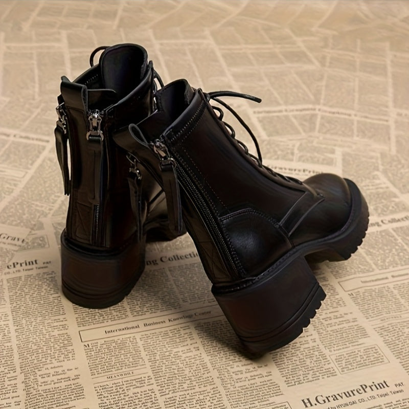 Ayollar uchun qora qalin o'rta poyabzal, tizzaga chiqadigan, charm, bog'lamli, kundalik va rasmiy kiyim uchun