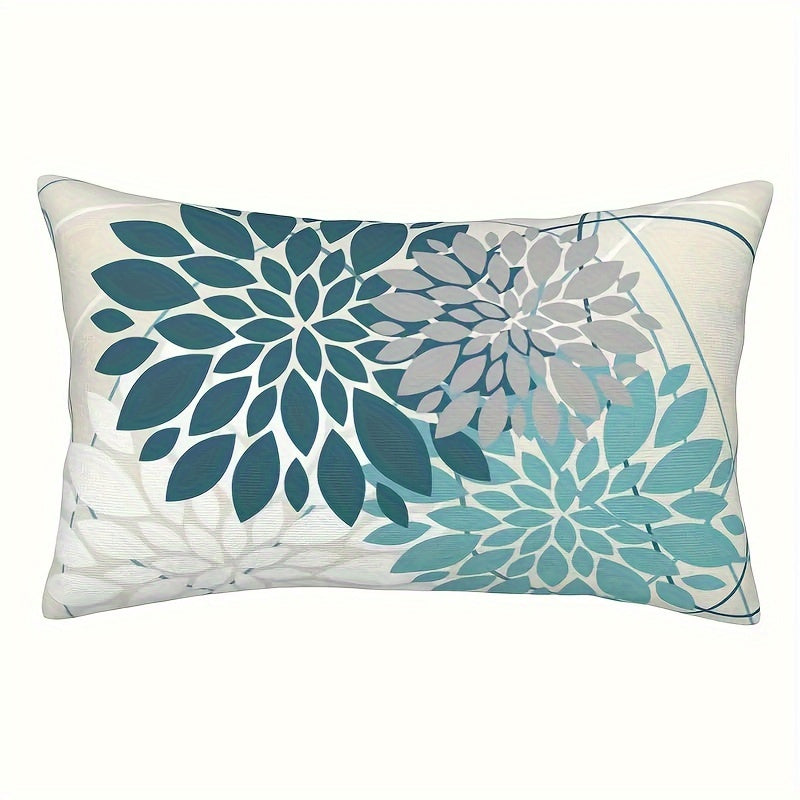 Teal Blue Linen Decorative Pillow Cover 30.48x50.8 cm Reversible Floral Geometric Square Cushion for Couch Bedroom Outdoor
