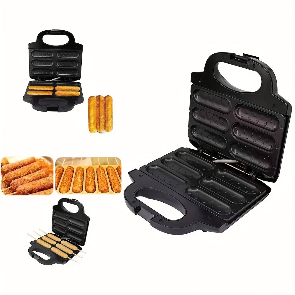 1000W tez isitgich bilan elektr kolbasa tayyorlagich va hot dog pishirgich, tutqichsiz, yog'siz dizayn. Ikki ta isitish elementlari, ergonomik tutqich va qora rangda kompakt kvadrat dizayni bilan jihozlangan.