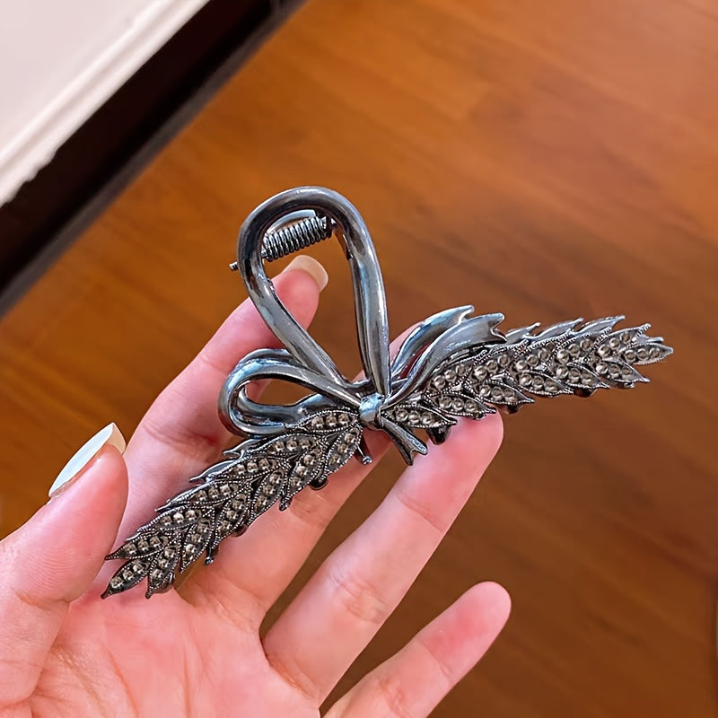 Elegant Gray Bow Hairpin with Rhinestone Wheat Ear Design for Women