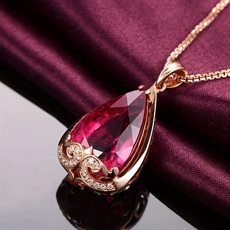 Water Drop-Shaped Rose Gold Pendant Necklace with Pigeon Blood Red and Sapphire Stones for Women