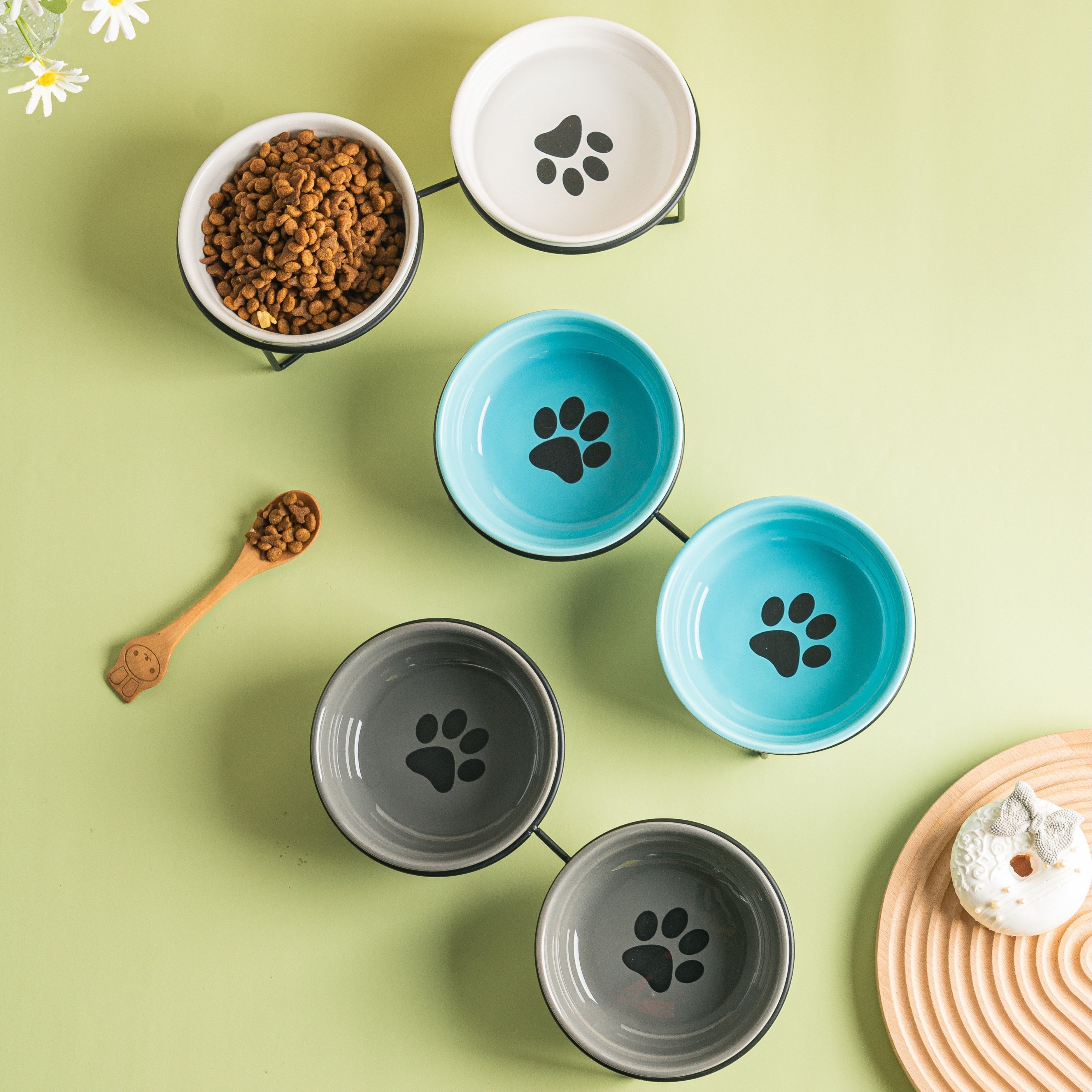 Ceramic Cat Bowls with Iron Stand 12.19cm Elevated Dual Feeding Dishes Neck Protection