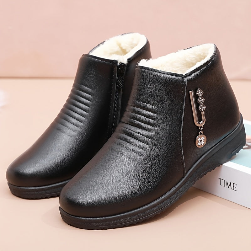 Women’s Winter Boots Slip-On Zipper Faux Leather Non-Slip Warm Shoes Black