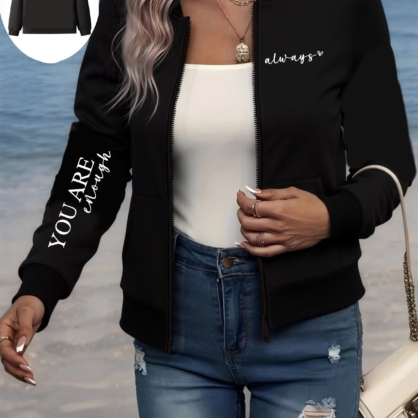 Women's Plus Size Black Bomber Jacket Casual Zip-Up Coat with Pockets