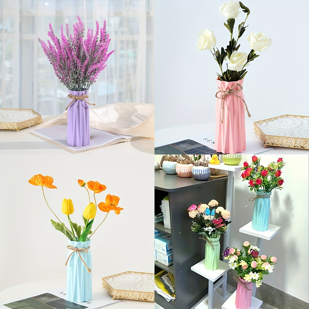 Set of 4 Plastic Vases with Origami Design and Pampas Grass Pattern 17.5cm Tall for Home Office Decor