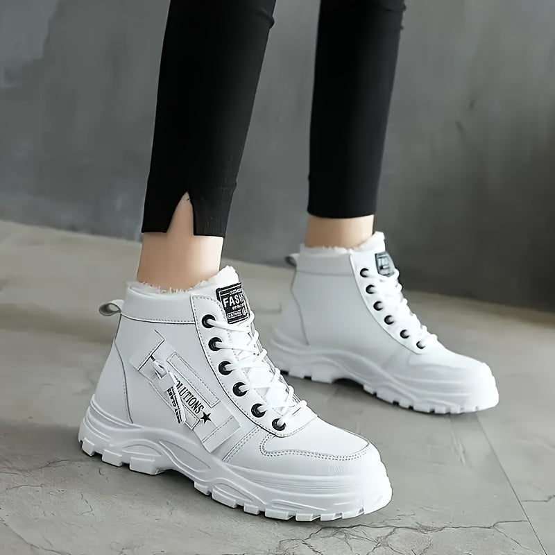 Women's Plush-Lined Platform Ankle Boots Winter Warm High-Top Sneakers Black/White