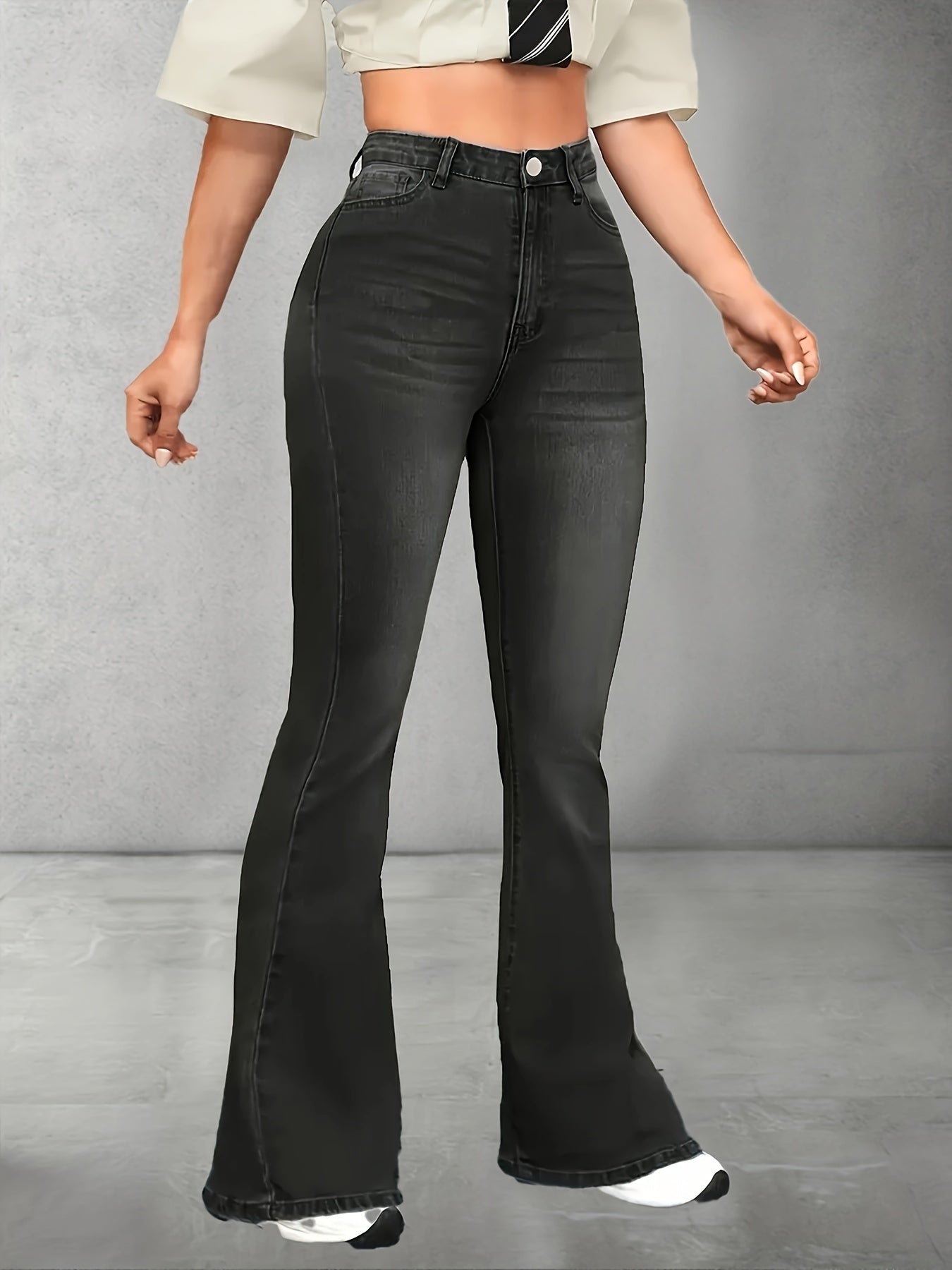 Women's High Waist Flare Leg Jeans in Black Stretch Denim with Whiskering Detail
