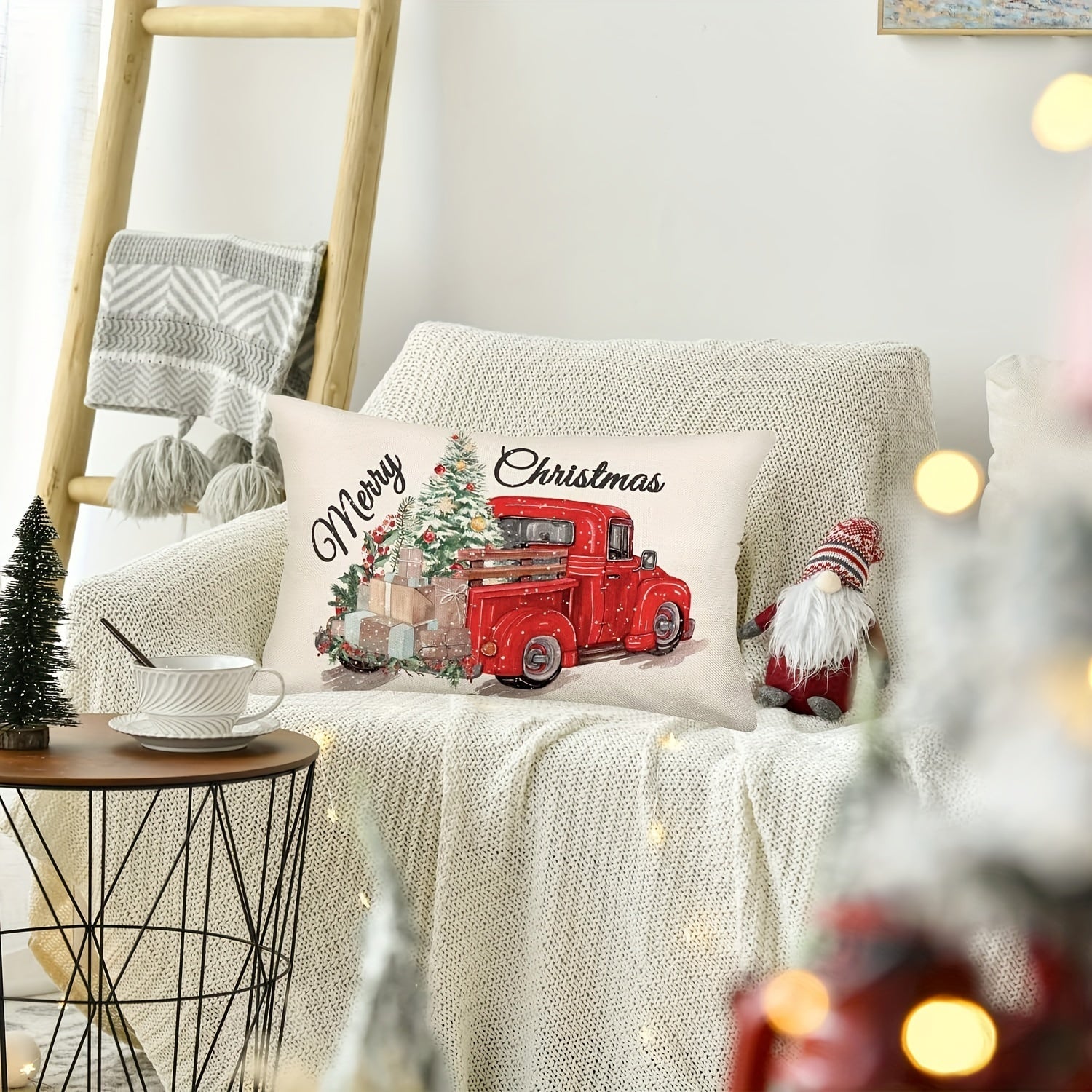 Merry Christmas Red Truck Pillow Cover Linen 30x50cm Zippered Washable