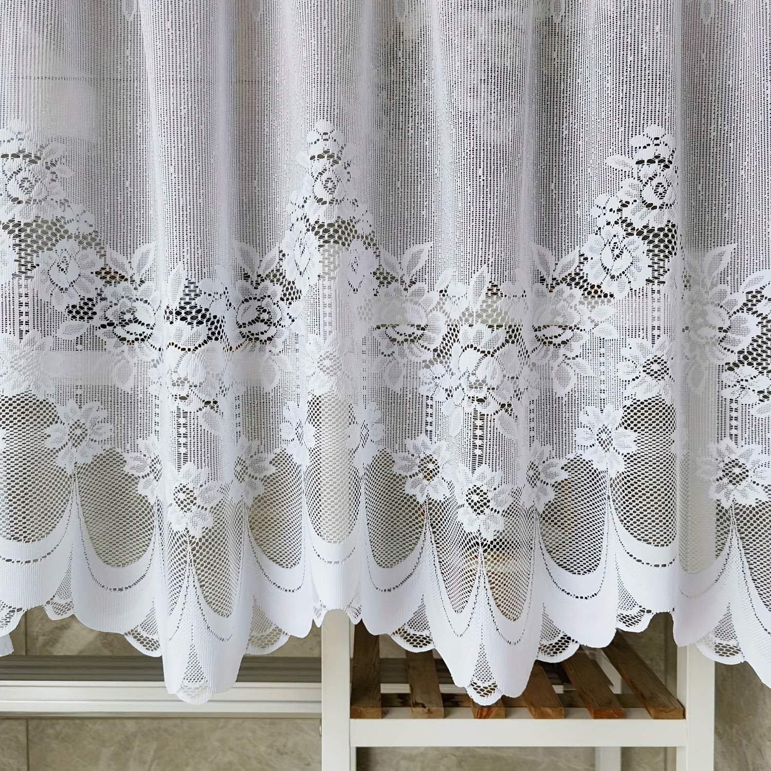 White Lace Sheer Curtain with Floral Pattern, Rod Pocket, Scalloped Bottom