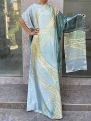 Plus Size Floral Maxi Dress with Scarf Light Blue Gold Short Sleeve Summer