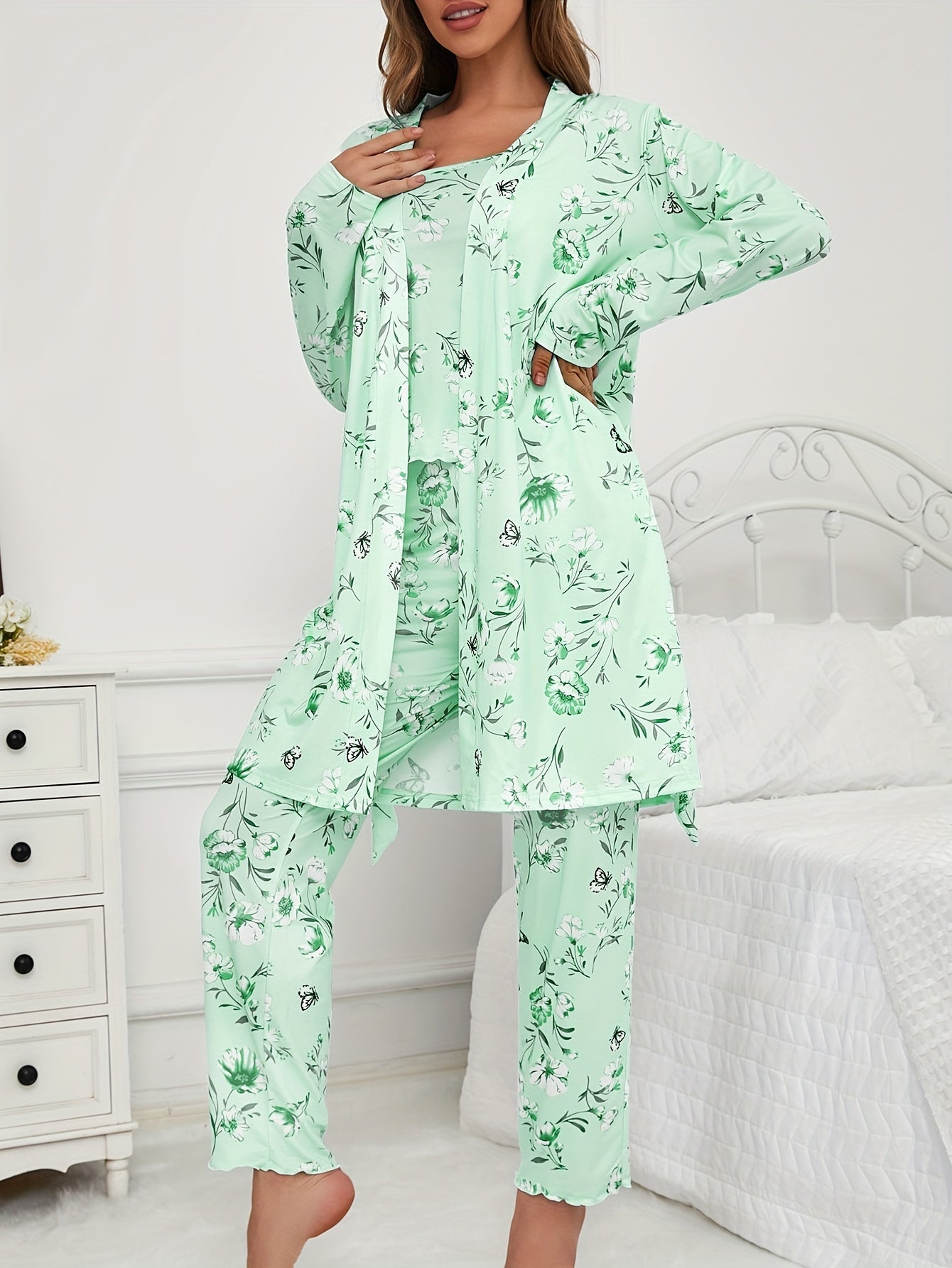 Women's Floral Butterfly Print 3-Piece Pajama Set Long Pants Long Sleeve Belted Robe All-Season Loungewear