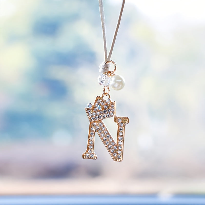 Alphabet Car Mirror Charm Set with Sparkling Crown Pendants for Vehicle Decoration
