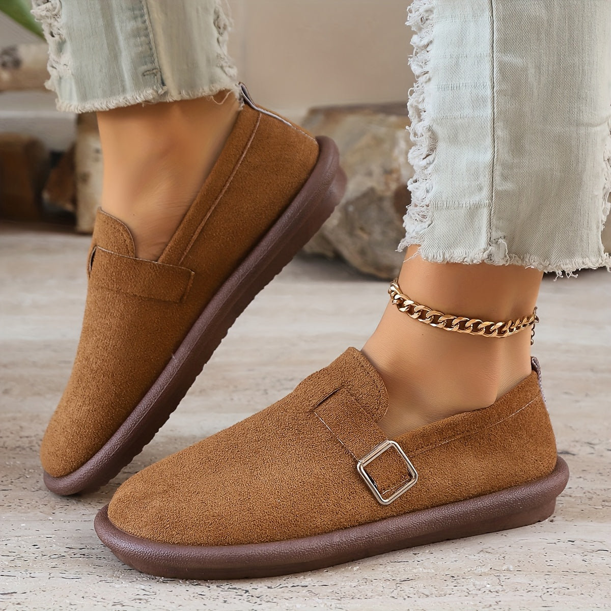 Women's Fabric Loafers with Buckle and Sequin Accent All-Season Slip-On Shoes