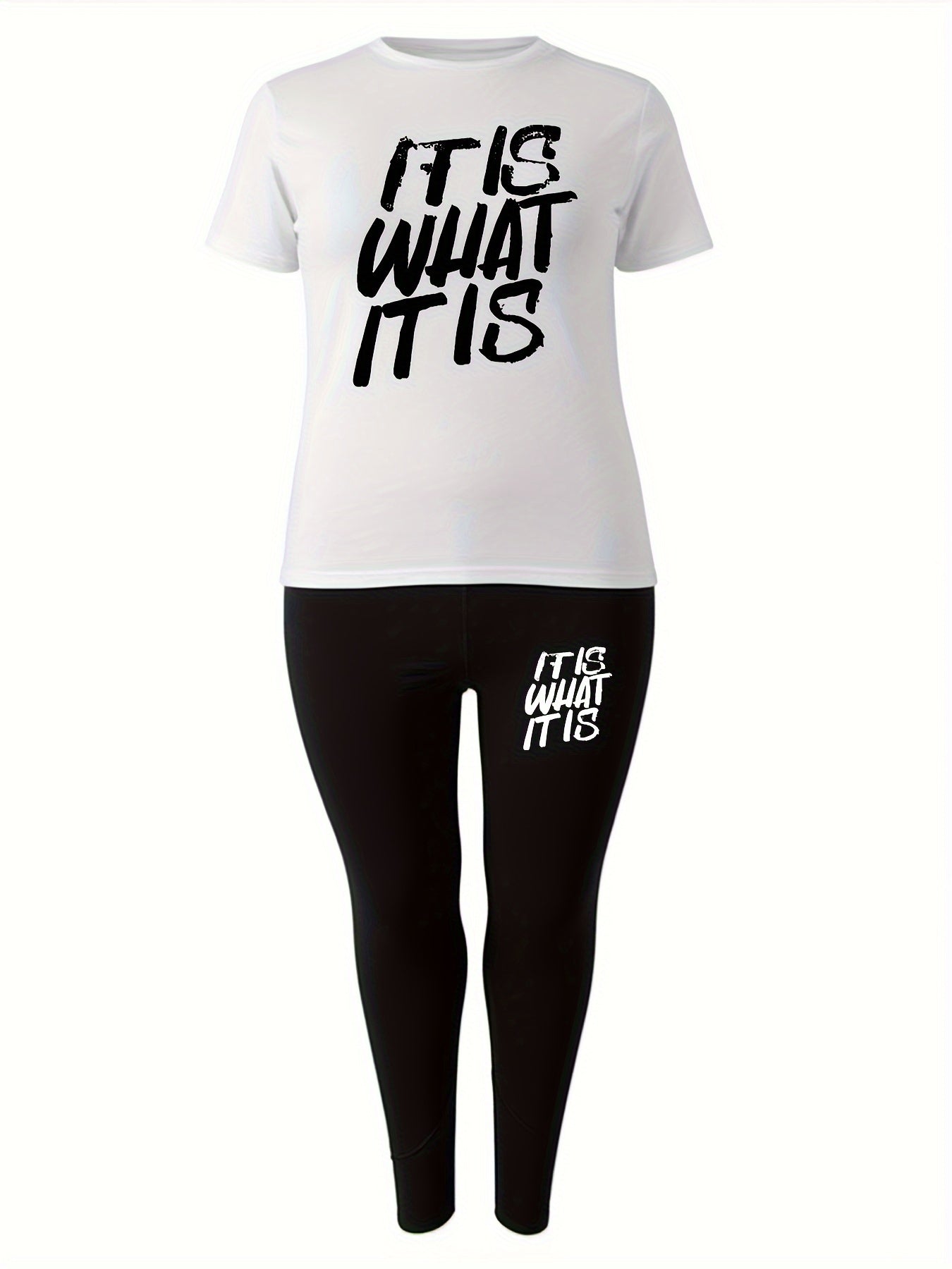 Спортивный комплект с принтом слогана для полных размеров из среднеэластичной полиэстеровой трикотажной ткани