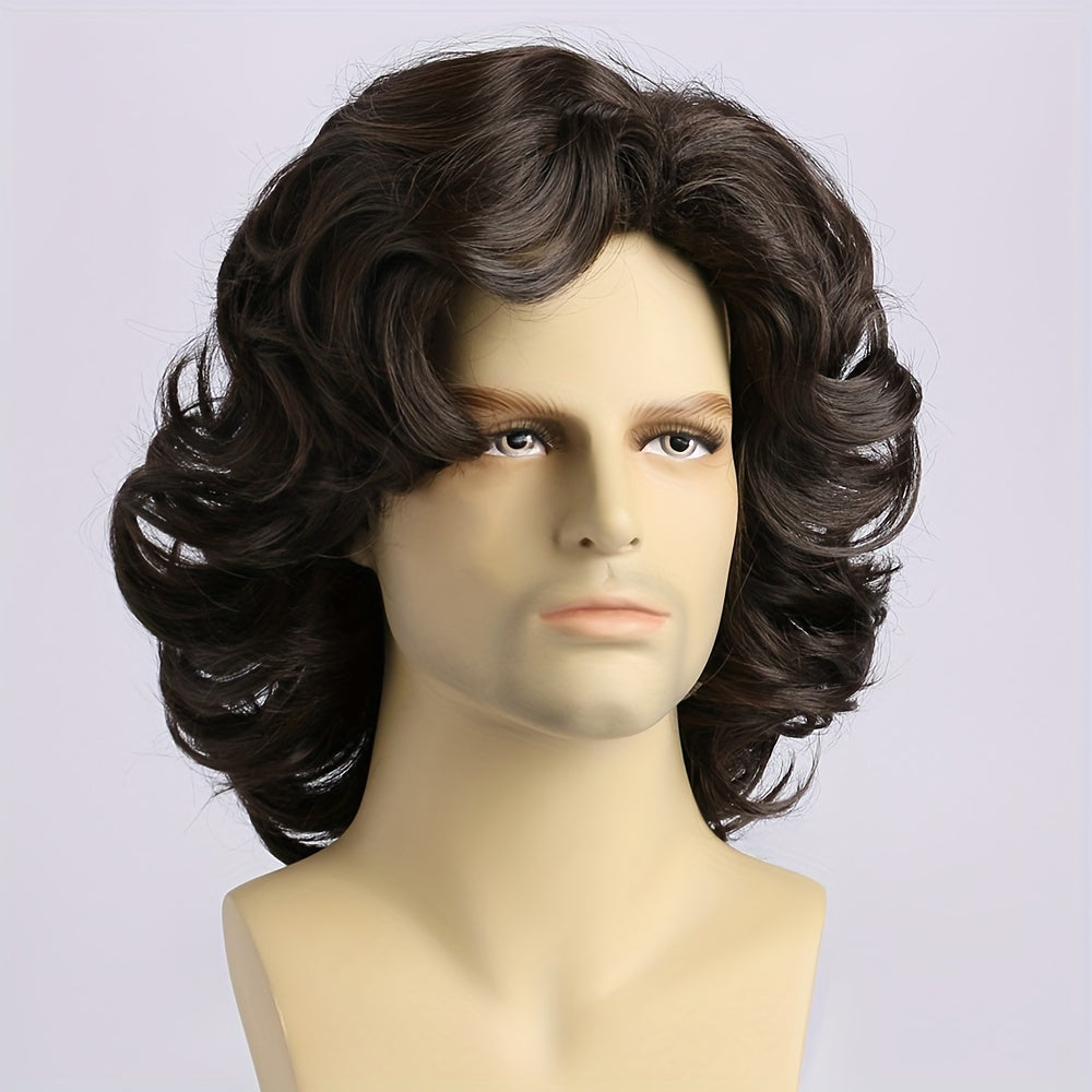 Men's Short Curly Deep Brown Wig 35.56cm Heat Resistant Synthetic for Daily Wear and Parties