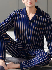 Men's Striped Long Sleeve Pajama Set Polyester Elastane Sleepwear with Pockets for Spring Autumn