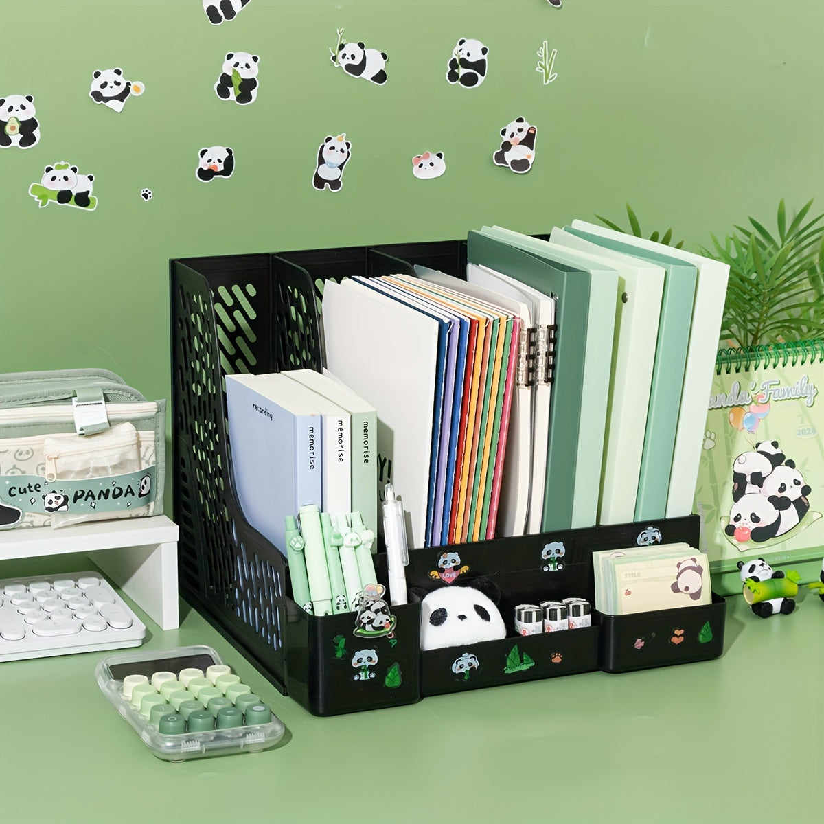 Desktop File Organizer with Panda Theme 4 Slots Detachable Tiered Shelves PP Material Office Storage