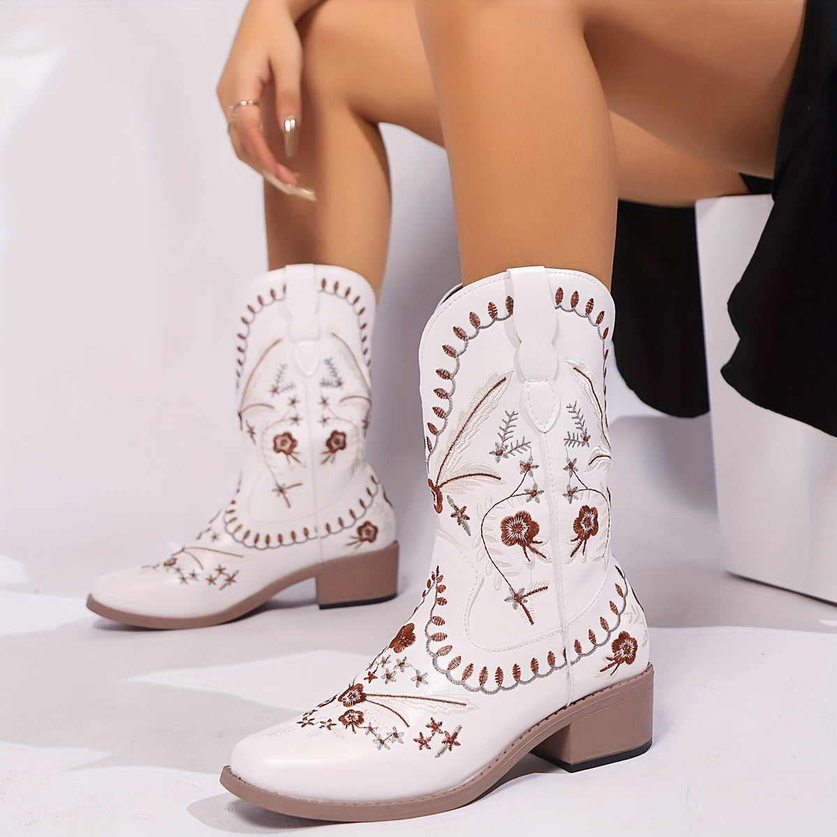Women's Brown Embroidered Mid-Calf Boots with Thick Heel for Fall Winter