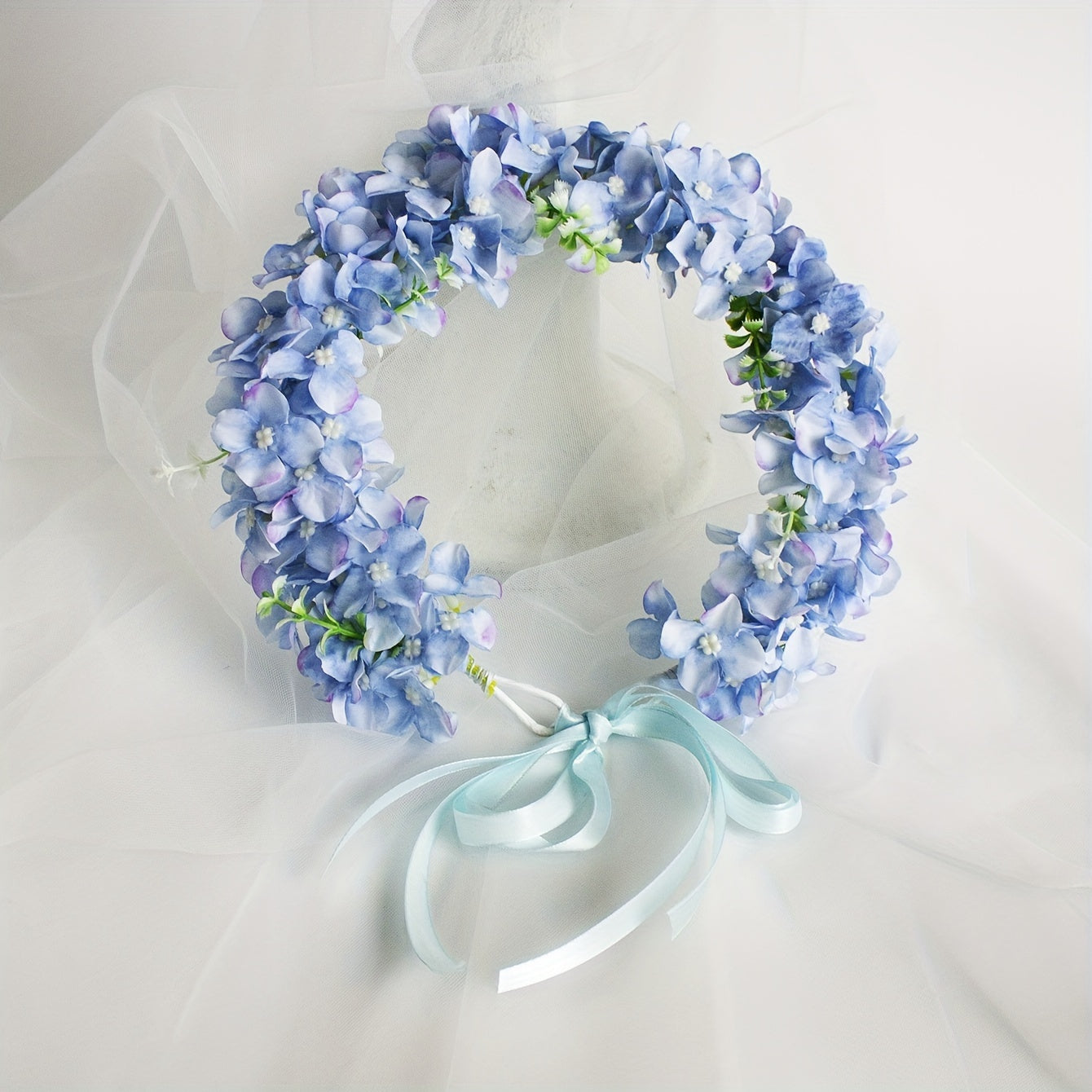 Floral Bridal Headband Hydrangea Flower Crown with Ribbon Tie for Weddings and Parties
