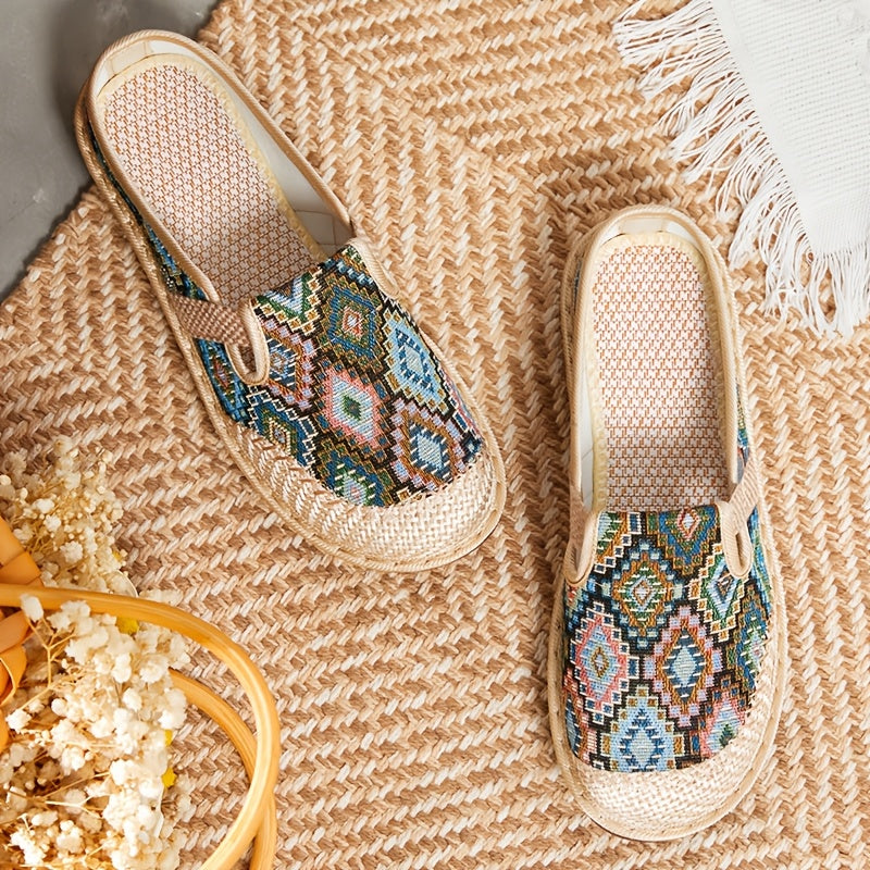 Women's Ethnic Style Slip-On Sandals with Fabric Upper and Low Heel