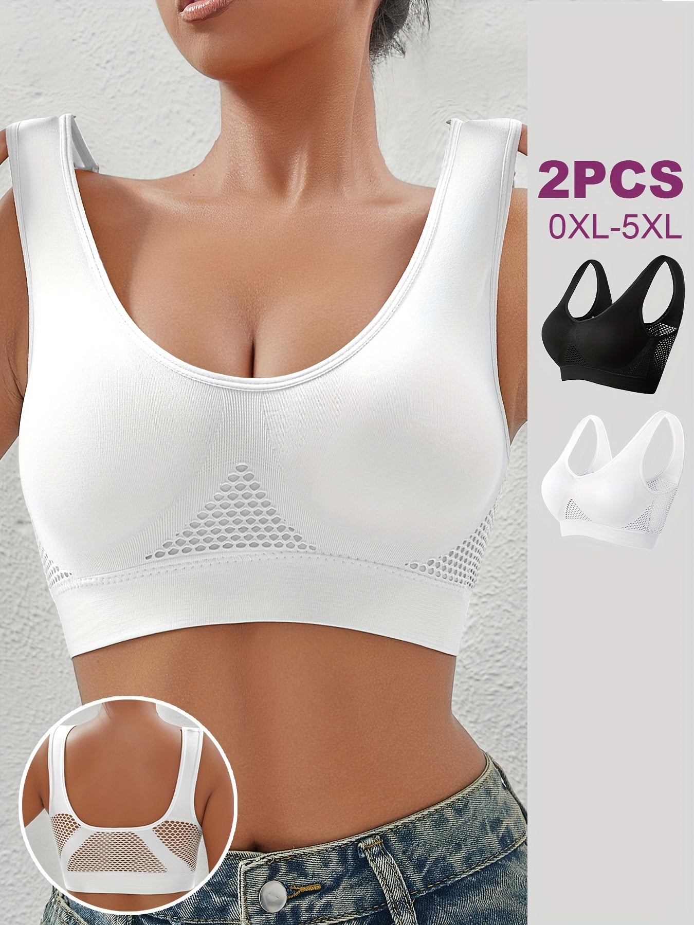 Plus Size Sports Bra Set Padded Breathable Mesh White Black for Yoga Running