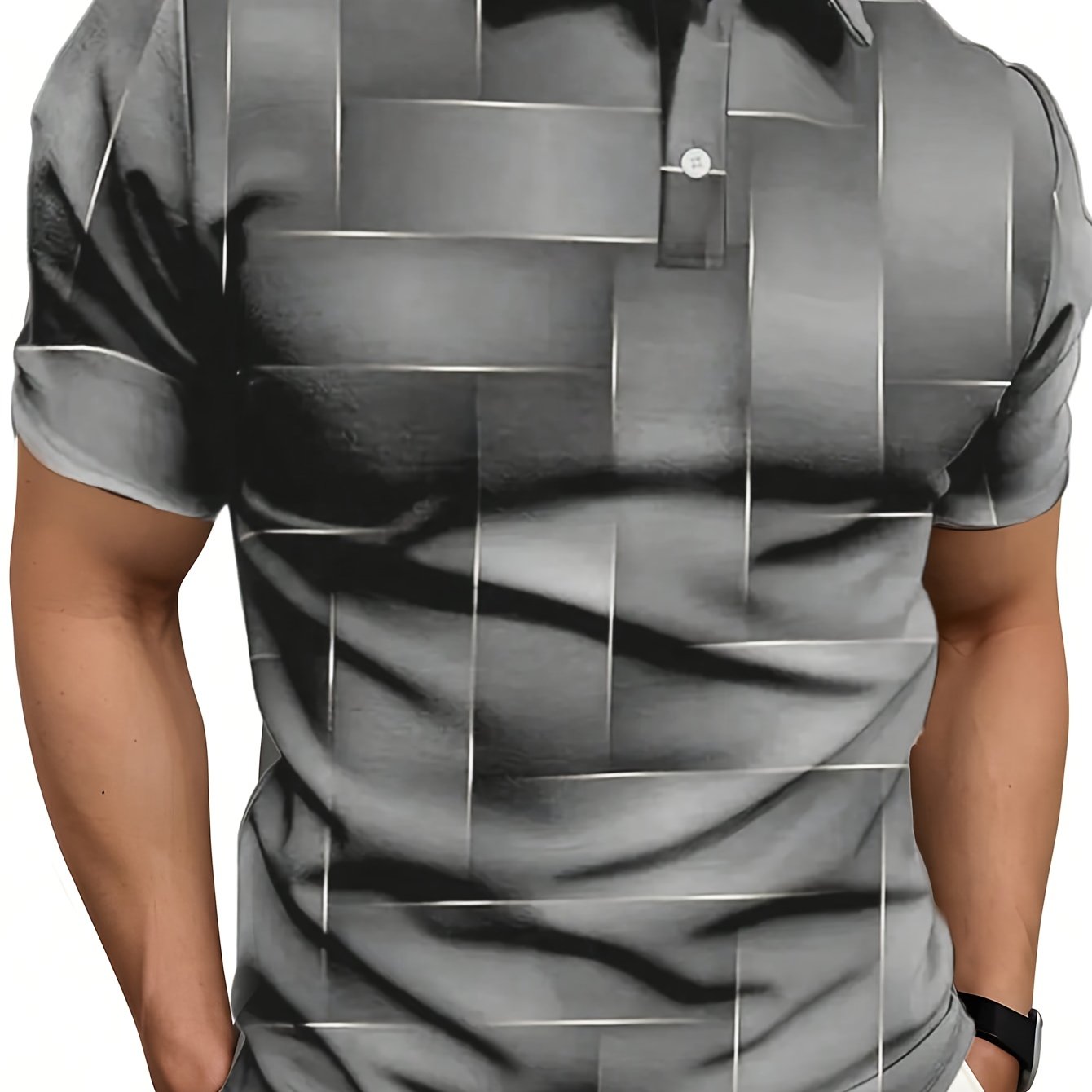 Men's Short Sleeve Shirt Black and Gold Geometric Print Polyester Casual Golf