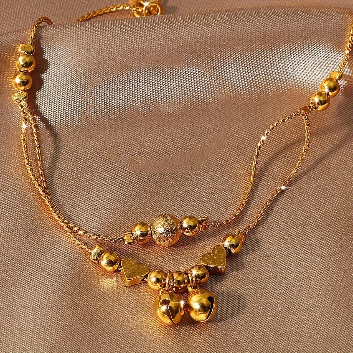 Gold Plated Double Strand Anklet for Women with Heart Charms and Bells