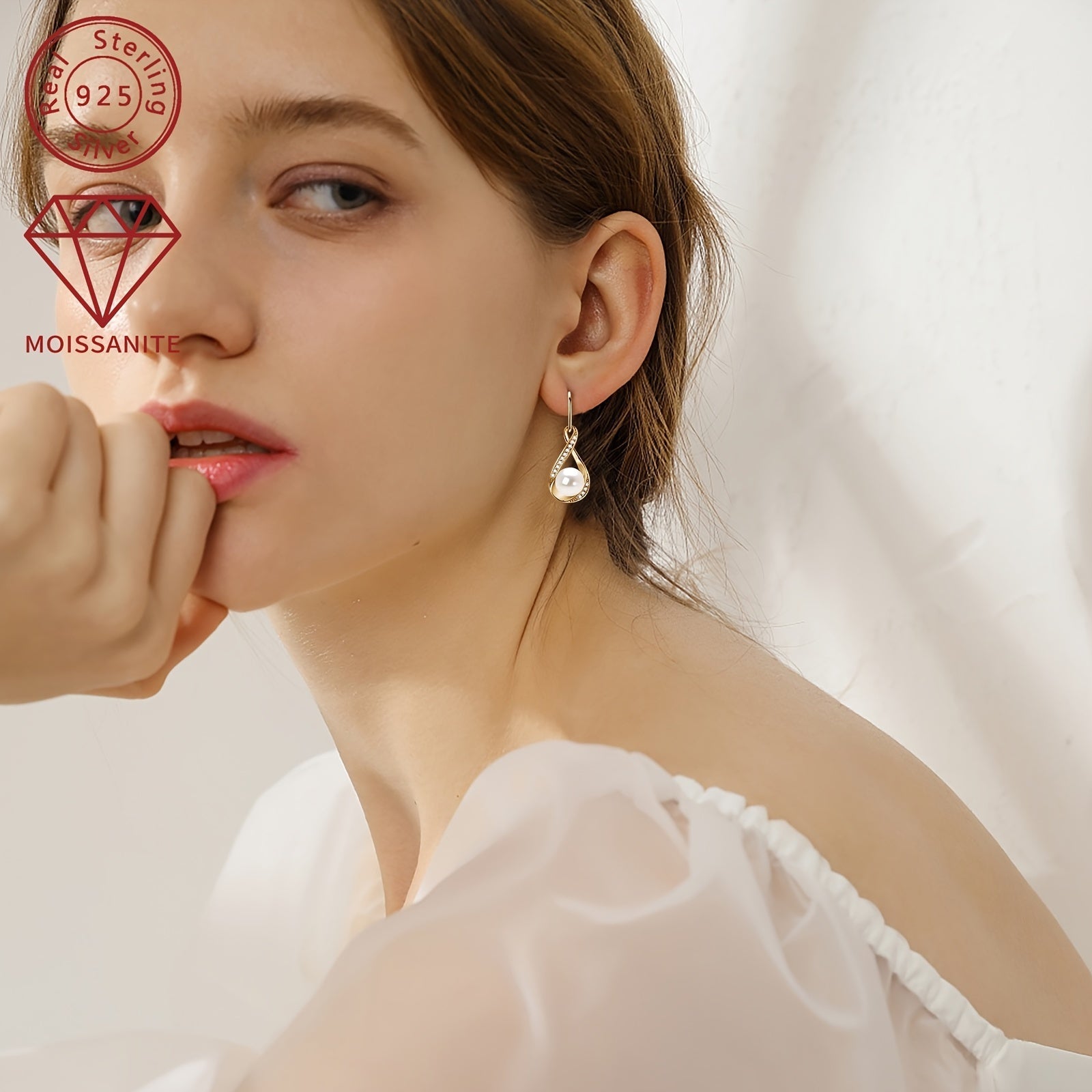 Pearl Earrings with Moissanite Stones 8mm Freshwater Beads in Silver